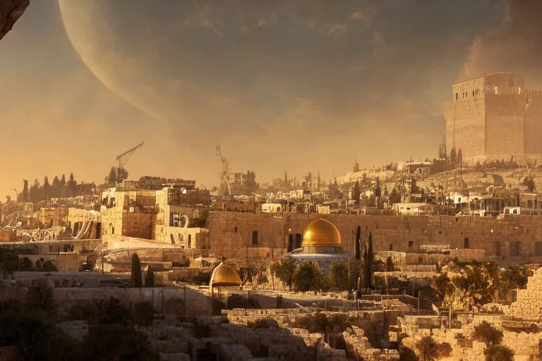 Image similar to jerusalem in the year 3 0 5 0, matte painting, long shot, concept art, wide shot, digital art, trending on artstation, 4 k, extremely detailed, realistic, midday, warm colors, golden sunlight, by greg rutkowski, cinematic, epic