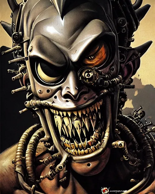 Image similar to junkrat from overwatch, heavey metal magazine cover, character portrait, portrait, close up, concept art, intricate details, highly detailed, in the style of frank frazetta, r. giger, esteban maroto, richard corben, pepe moreno, matt howarth, stefano tamburini, tanino liberatore, luis royo and alex ebel