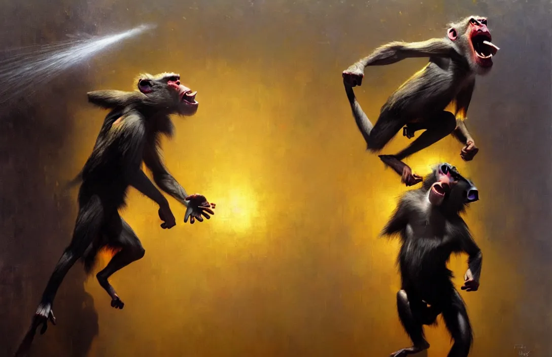 Prompt: an angry baboon holding a spray can detailed painting epic lighting by ilya repin, phil hale and kent williams