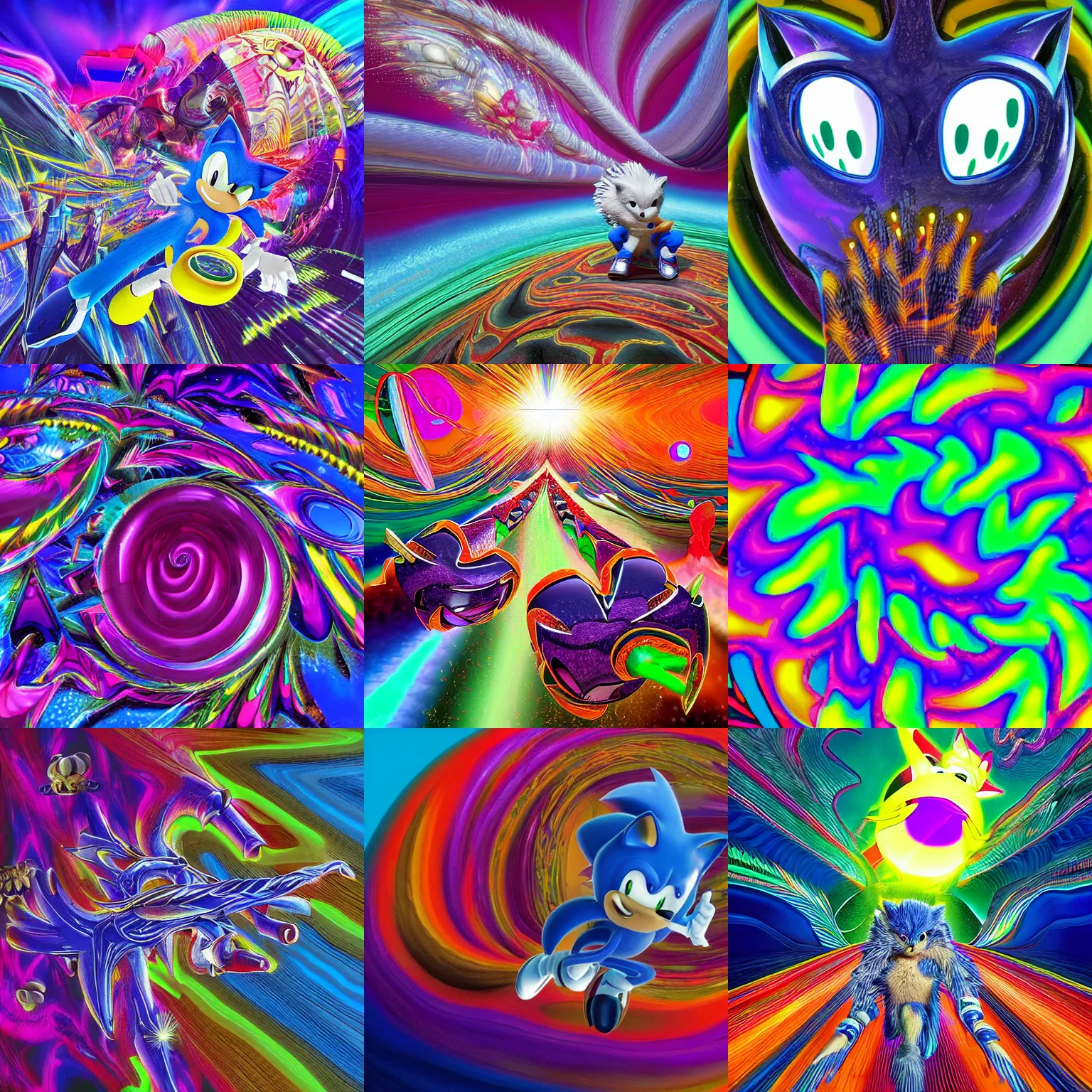 Prompt: sonic the hedgehog in surreal, recursive fractals, sharp, detailed professional, high quality portrait sonic airbrush art MGMT tame impala album cover portrait of a liquid dissolving LSD DMT sonic the hedgehog surfing through cyberspace, purple checkerboard background, 1990s 1992 Sega Genesis video game album cover
