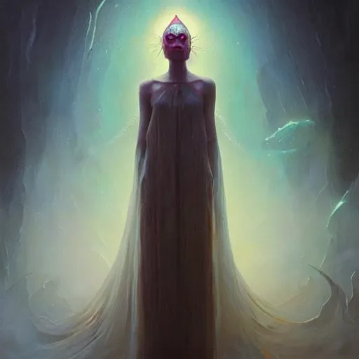 Image similar to a hyperrealistic acrylic on canvas portrait painting of a beautiful alien priestess by Greg Rutkowski, Artgerm and Beksinski. Epic fantasy art. Volumetric lighting. Night scene.