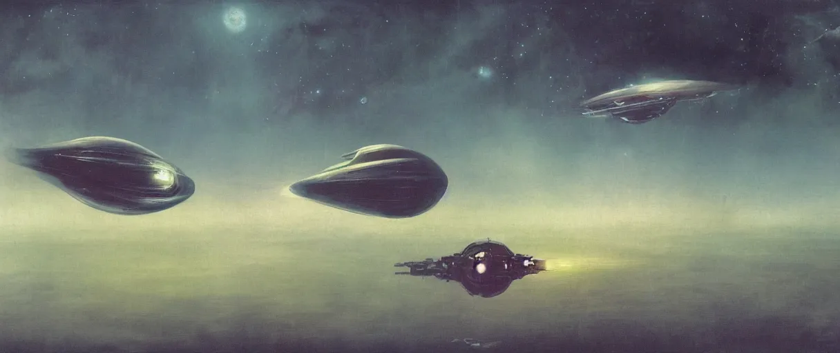 Image similar to concept art, small spaceship drifting in space, industrial design, industrial apparent, immensity, wide angle, cinematic lighting, 4k, widescreen ratio, by beksinski