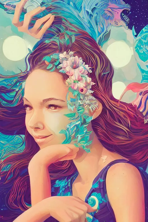 Image similar to a smiling cute girl beautiful skin and wavy hair, tristan eaton, victo ngai, artgerm, rhads, ross draws