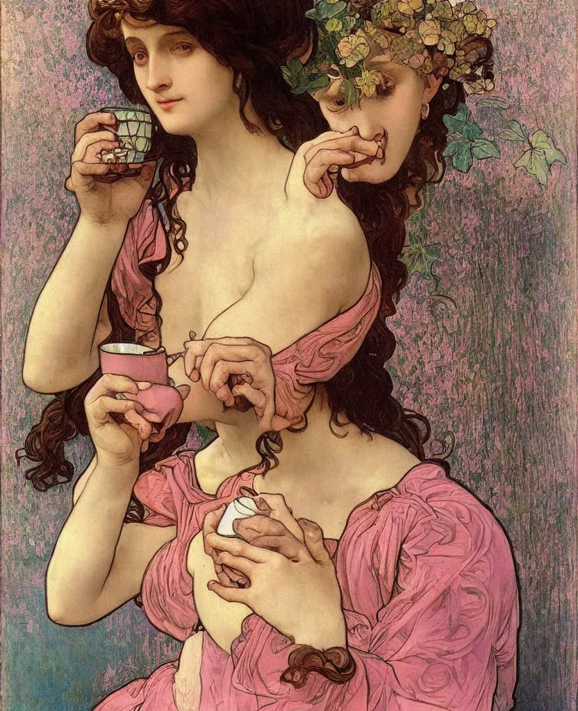 Image similar to a beautiful arrogant surreal greek lady drinking tea looking disdained, rennaisance painting, whimsical, pastel pink color palette, by leonardo da vinci and alphonse mucha