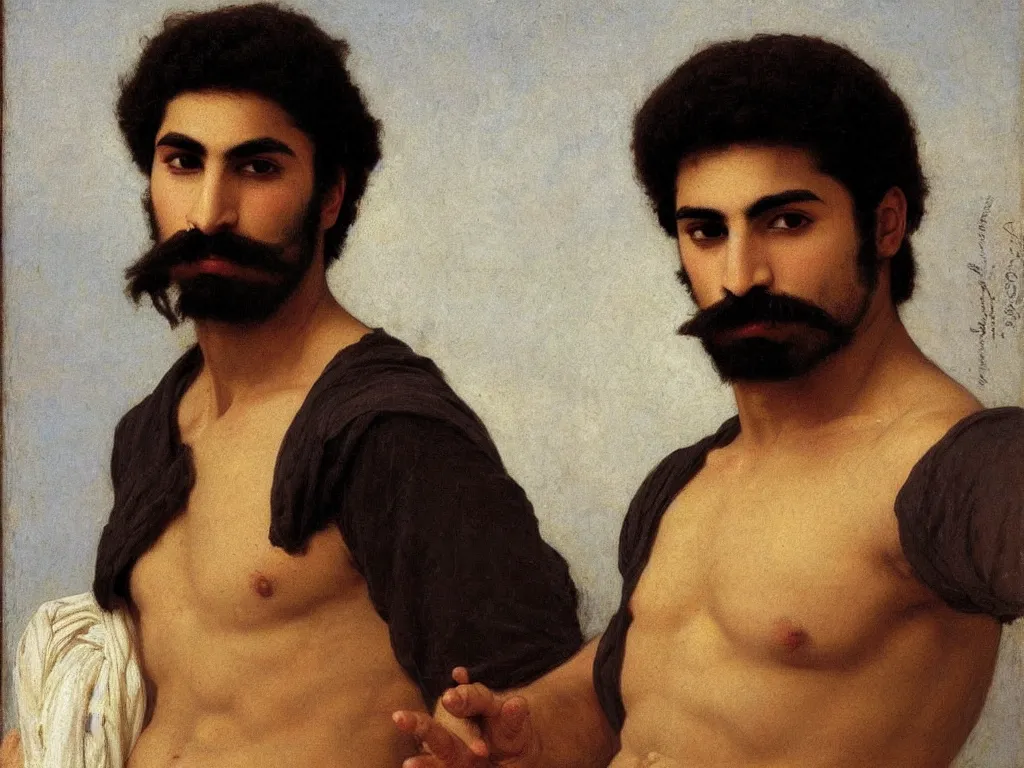 Image similar to portrait of 20 years old muscular persian iranian wrestler handsome man with a mustache kissing, bouguereau