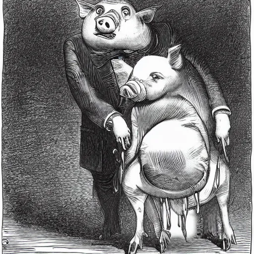 Image similar to a pig in a tuxedo, dark, creepy, eerie, petriying, frightening, spine-chilling, horrifying, scaring, harrowing, illustration by Gustave Doré