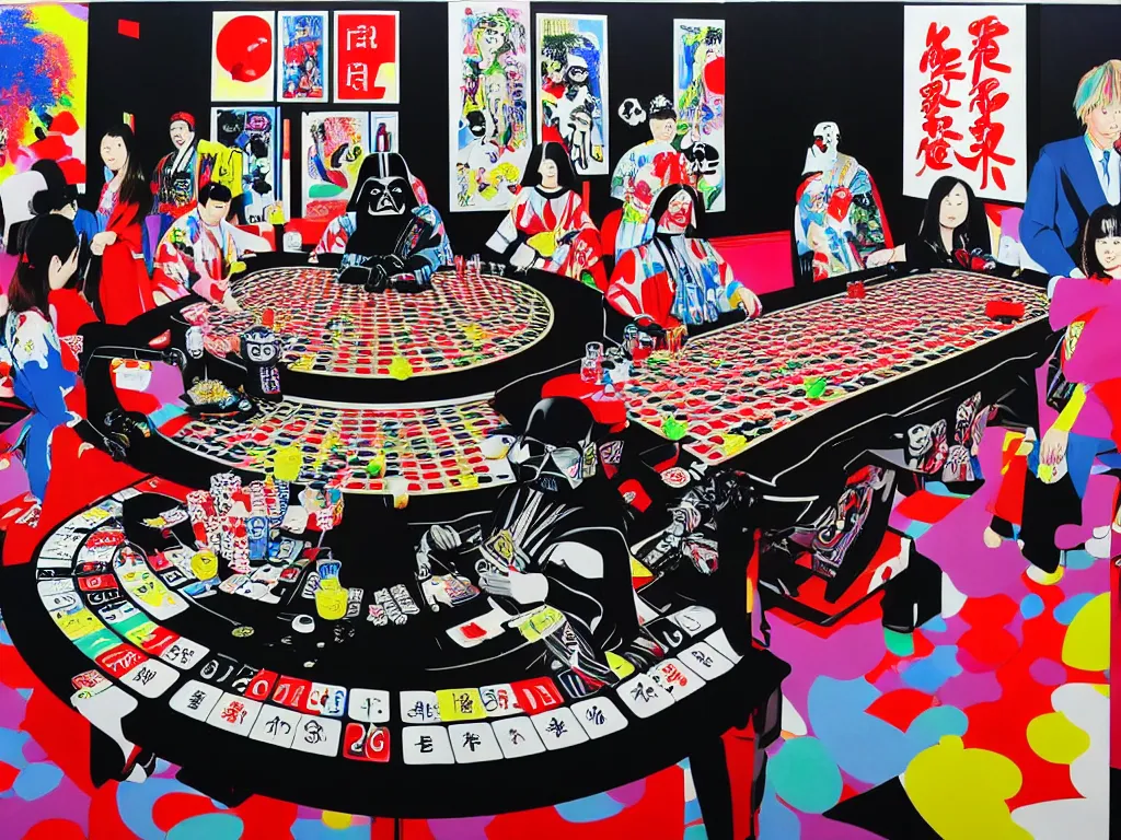 Image similar to hyper - realistic composition of a large room with an extremely detailed poker table in the center, woman in traditional japanese kimono standing nearby, darth vader sitting at the table, fireworks in the background, pop art style, jackie tsai style, andy warhol style, acrylic on canvas, dull palette