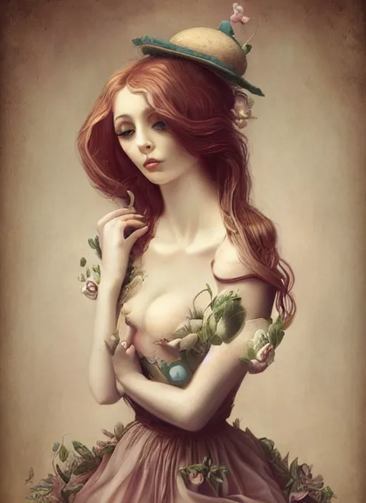 Image similar to pop surrealism, lowbrow art, realistic cute seductive female painting, romantic transparent gown, hyper realism, muted colours, rococo, natalie shau tom bagshaw, mark ryden, trevor brown style,