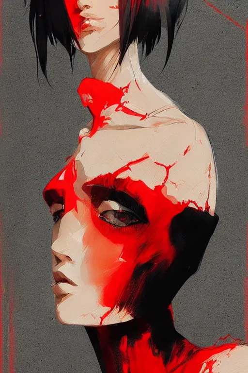 Image similar to a ultradetailed beautiful painting of a stylish female humanoid, by conrad roset, red and black, greg rutkowski and makoto shinkai trending on artstation