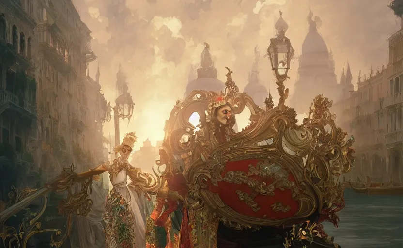 Image similar to the enchanted venice carnival dream with dancing masked people, behance hd artstation, by artgerm, greg rutkowski, alphonse mucha