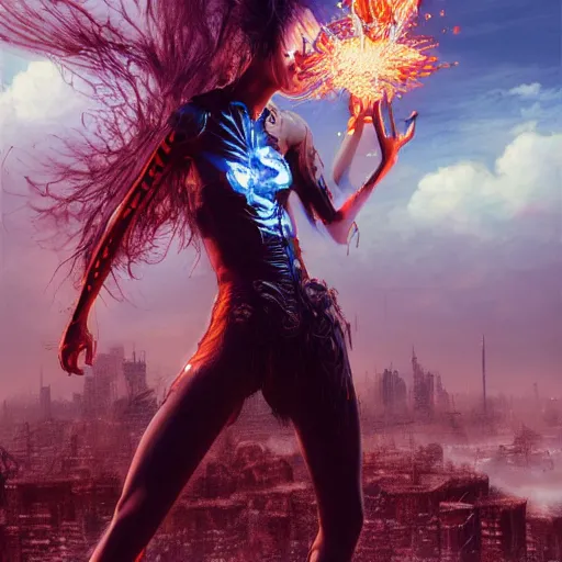 Image similar to fire juggling cyborg girl by wagner kuroiwa tristan eaton, stanley artgermm, tom bagshaw, greg rutkowski, carne griffiths, ayami kojima, beksinski, unreal engine, trending on deviantart, photorealistic, vray, hdr, hyper detailed, dramatic lighting, octane render, weta digital, 3 d sculpture