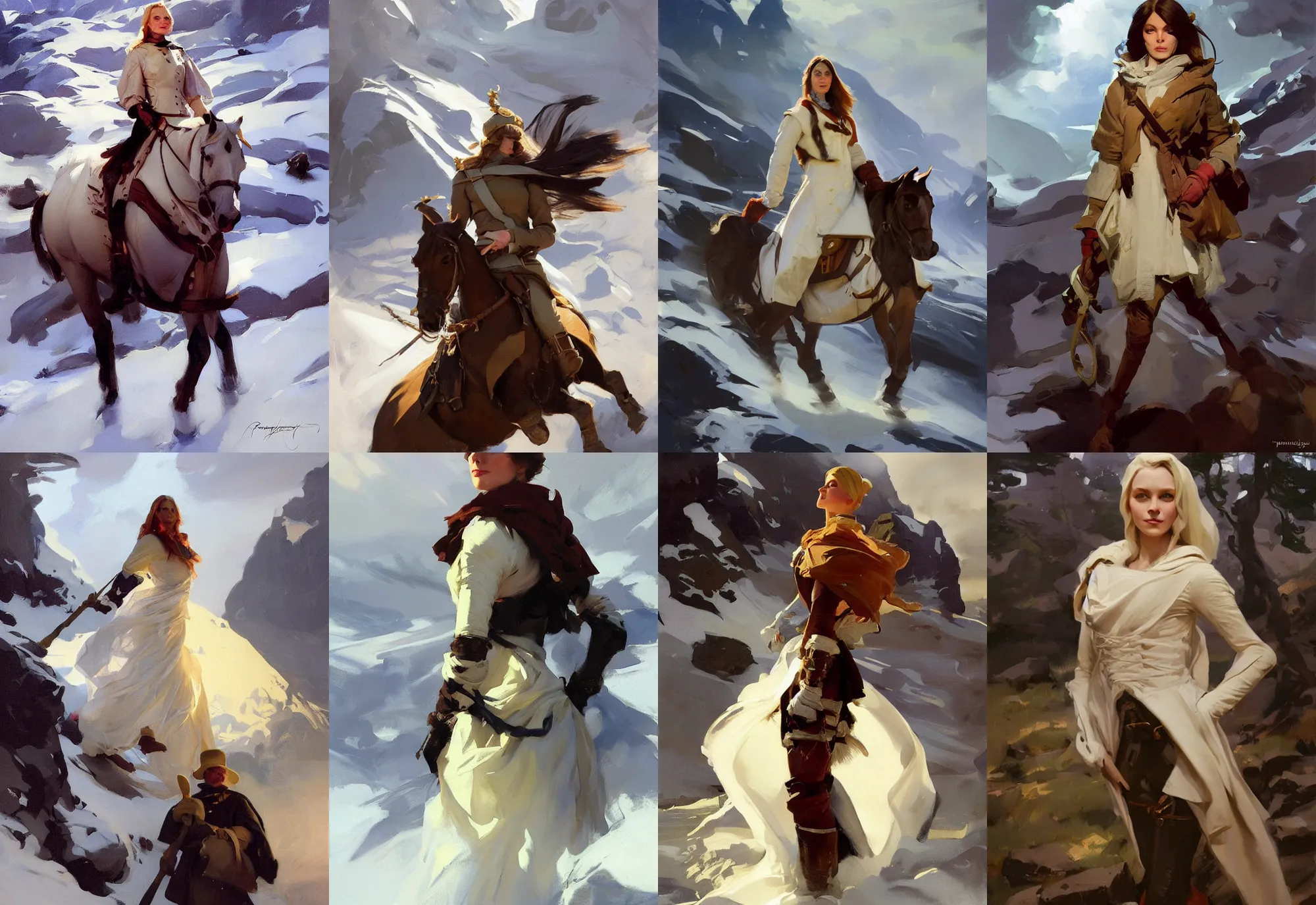 Prompt: portrait of ireland norway model girl jodhpurs hyperborea winter traveler treasure hunter greg manchess painting by sargent and leyendecker, fantasy, medium shot, asymmetrical, intricate, elegant, matte painting, illustration, hearthstone, by rhads, by greg rutkowski, by greg tocchini, by james gilleard, by joe fenton