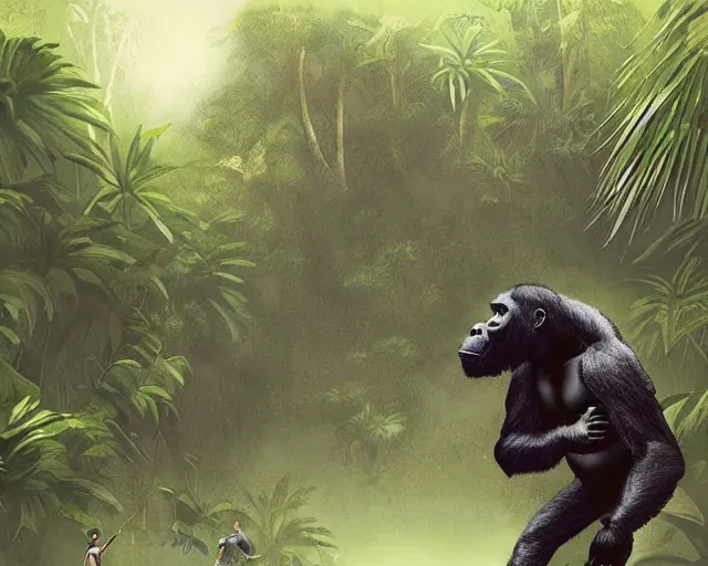 Image similar to a gorilla playing volleyball in a jungle, digital art, in the style of greg rutkowski