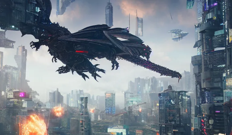 Image similar to cyberpunk armored dragon flying above a cyberpunk city in ruins, close shot, 8k, cinematic, epic, ultra detailed, award winning, trending on artstationHD, dramatic
