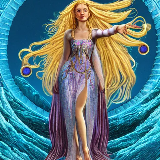 Prompt: techno mystic goddess princess intergalactica, with aqua neon rapunzel dreadlocks, detailed, wearing seashell attire, crystal pathway to atlantis floating on the sea, by gilbert williams masterpiece, sharp focus, sandro botticelli