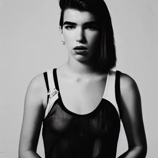 Prompt: photo of Dua Lipa by Diane Arbus, black and white, high contrast, Rolleiflex, 55mm f/4 lens