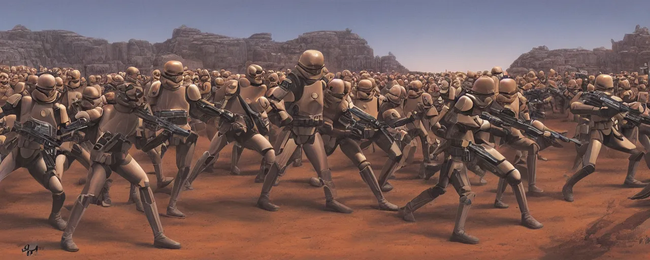 Prompt: a highly detailed matte painting of fighting soldiers by Ralph McQuarrie, The Art of Star Wars