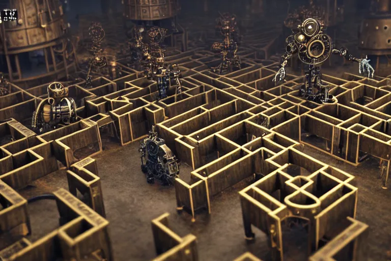 Prompt: steampunk robots in a maze by otto dix, tilt shift, ultra realistic, unreal engine, trending on artstation, 4 k