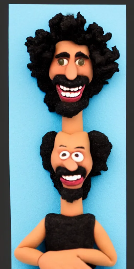 Image similar to claymation character, man with black curly hair and a smile