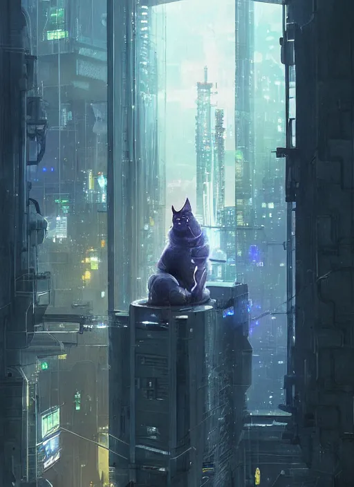 Prompt: cybercat sitting in window | cyberpunk cityscape, illustrated by james warhola and greg rutkowski