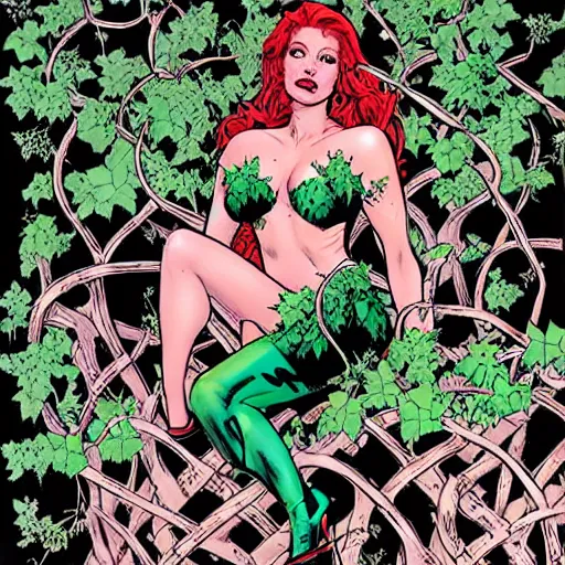 Prompt: dc comics poison ivy character sitting in a throne made of vines and trees art by frank cho, bill sienkiewicz, joe chiodo, bruce timm