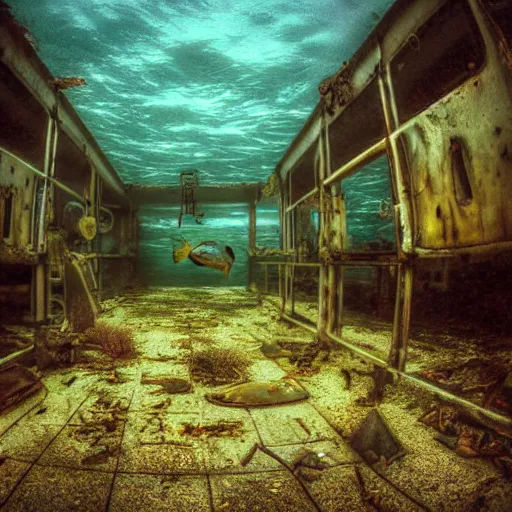 Image similar to abandoned rusty underwater theme park, surreal, horror, eerie, creepy, murky water, underwater, underwater photography, dark, submechanophobia, open ocean, fish swimming in distance, night,