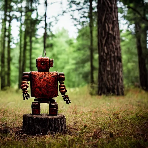 Image similar to rusty robot with a human arm, sitting on a stump in the forest, high quality photo, sigma 5 5 mm