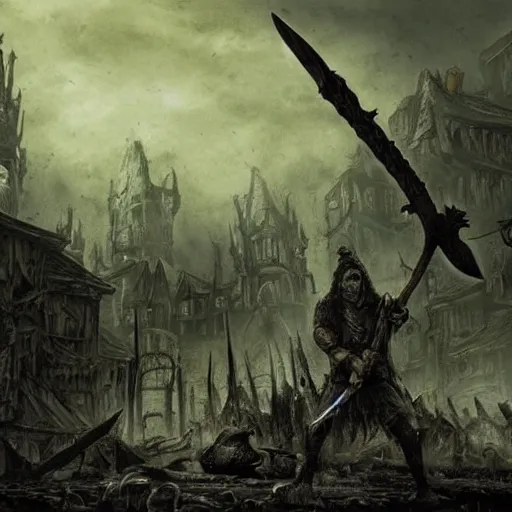 Prompt: extremely detailed and striking dark fantasy illustration of an executioner holding an axe in a town square, apocalyptic sky