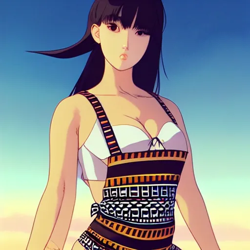 Image similar to a beautiful plus sized model japanese natalie portman, alluring plus sized model with brown skin, wearing mayan leotard with overalls, street fashion hip hop style with mayan patterns, aztec street fashion, gapmoe yandere grimdark, trending on pixiv fanbox, painted by greg rutkowski makoto shinkai takashi takeuchi studio ghibli, akihiko yoshida