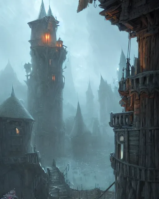 Image similar to dramatic scene at the gallows pole, the courtyard of a robust fantasy castle, calming, uplifting mood, ultra realistic, funny, small buildings, highly detailed, epic lighting, illuminated, cinematic, morning, art by eddie mendoza