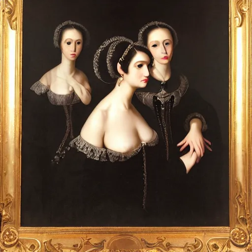 Image similar to baroque painting of a woman with two heads, black dress, gothic makeup