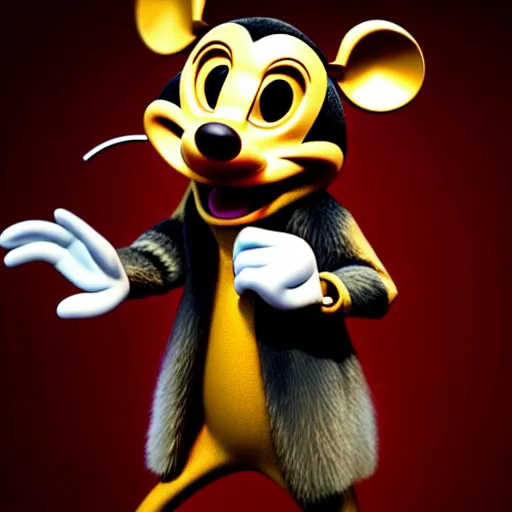 Image similar to 3d anthropomorphic rat, disney pixar, holding pistol, velvet, fur coat, high quality, golden necklace, fendi, high fashion