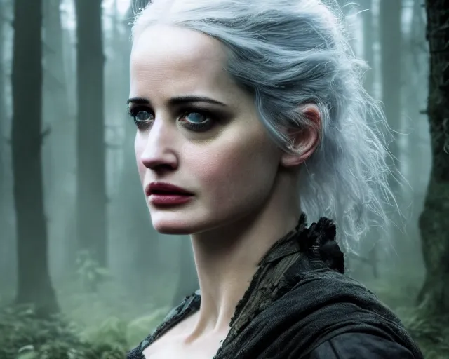 Prompt: 5 5 mm portrait photo of a real life tough looking battle hardened eva green as ciri with a thin face and a large scar across her left cheek, in a magical forest. dark atmosphere. art by greg rutkowski. highly detailed 8 k. intricate. lifelike. soft light. nikon d 8 5 0.