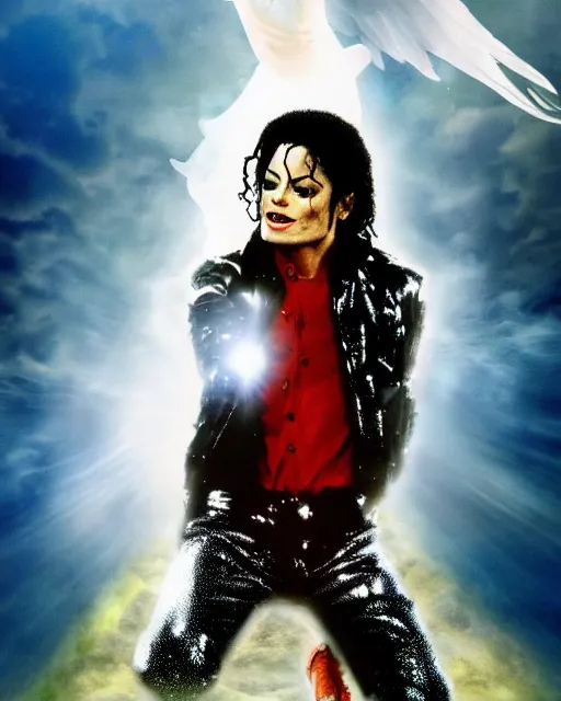 Prompt: highly detailed film still of Michael Jackson sat on a cloud in heaven with angel wings by Joe Simko, grotesque, 8k, hd, hyperdetailed, award winning cinematography