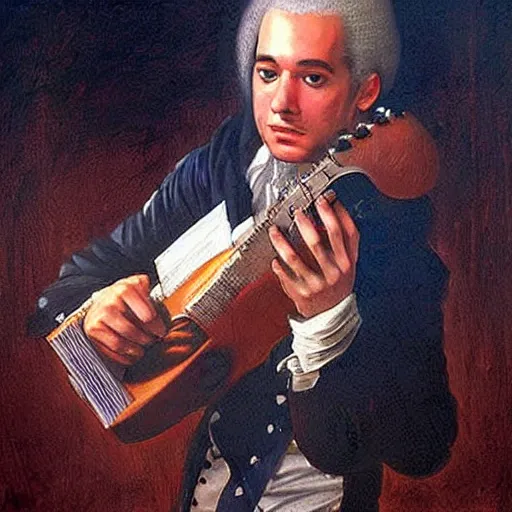 Image similar to Falco singer performing the song amadeus. Epic painting by James Gurney and Belén Ortega.