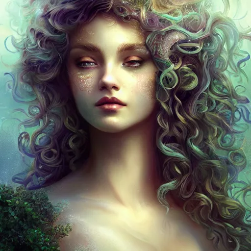 Image similar to beautiful mermaid with curly hair, magical details, magical atmosphere, digital art, concept art, devianart, cinematic lighting, hyper - detailed, cgsociety, 3 - d 8 k, high resolution, in the style of charlie bowater, tom bagshaw, alexis franklin, elena masci, pawel rebisz