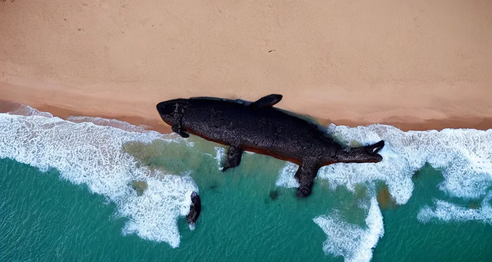 Prompt: CNN news footage taken from above. A huge creature is washed up on the beach.