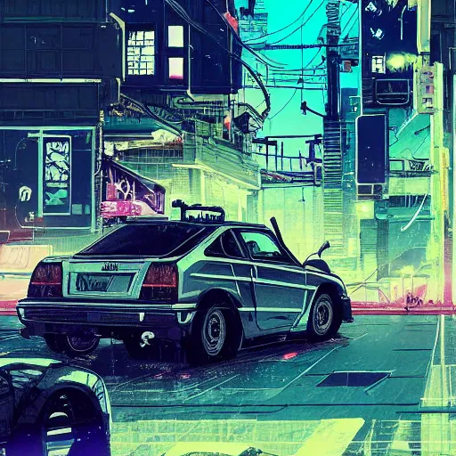 Prompt: Masamune Shirow simon stalenhag exterior armored honda civic crx street neo tokyo cyberpunk. ian mcque ink calligraphy art James Gilleard.