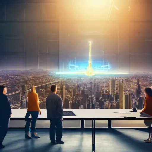 Image similar to large group people in open warehouse, looking at hologram of futuristic city on a table, cinematic concept art, godrays, golden hour, natural sunlight, 4 k, clear details, tabletop model buildings, tabletop model, hologram center table, crane shot, crane shot, crane shot, vr users foreground