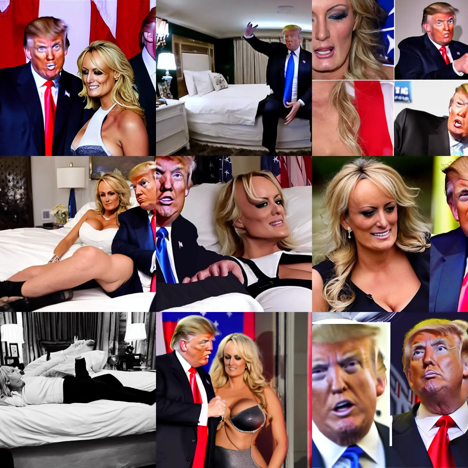 Prompt: gopro footage of donald trump on a bed with stormy daniels