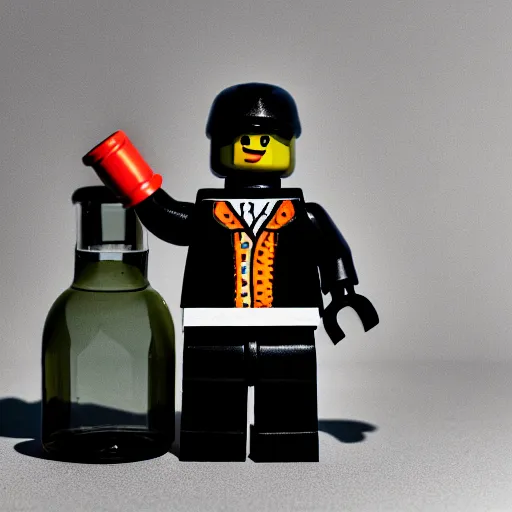 Prompt: macro photo of angry man lego figure in black spotwear, eight-piece cap on head, holding a vodka bottle, ambient lighting