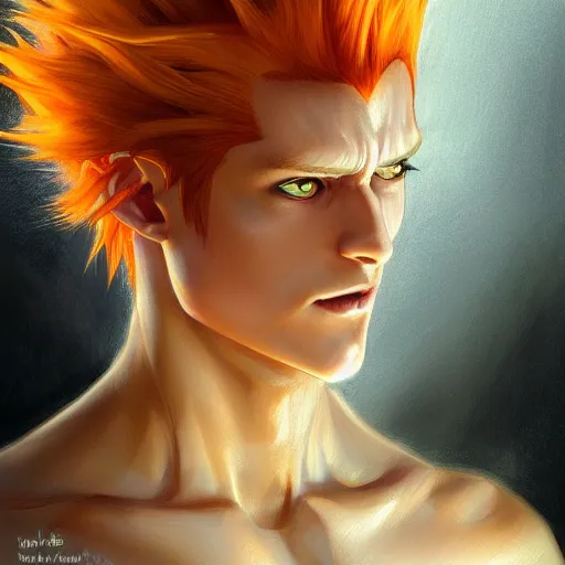 Image similar to portrait of hisoka morow hunter hunter, male, upper body sharp jaw yellow eyes small eyes red hair, medium length hair, anime, fantasy, intricate, elegant, highly detailed, digital painting, artstation, concept art, matte, sharp focus, illustration, art by artgerm and greg rutkowski and alphonse mucha