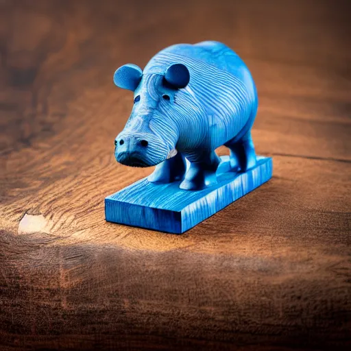 Prompt: a photo of a model hippo made of repurposed elm wood composite straight lines blue epoxy resin, zeiss 1 5 0 mm f 2. 8 hasselblad, award - winning photo