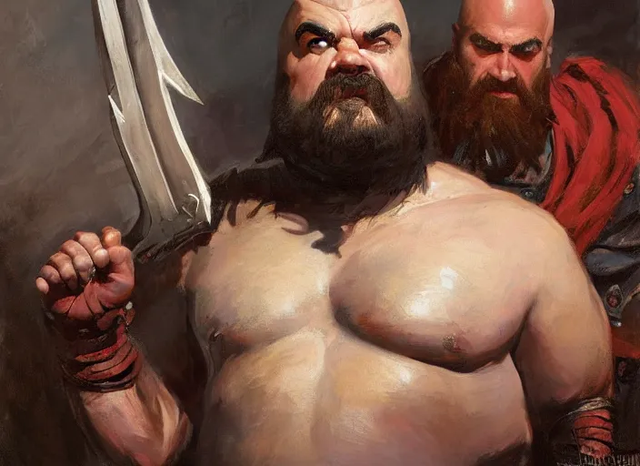 Prompt: a highly detailed beautiful portrait of jack black as kratos, by gregory manchess, james gurney, james jean