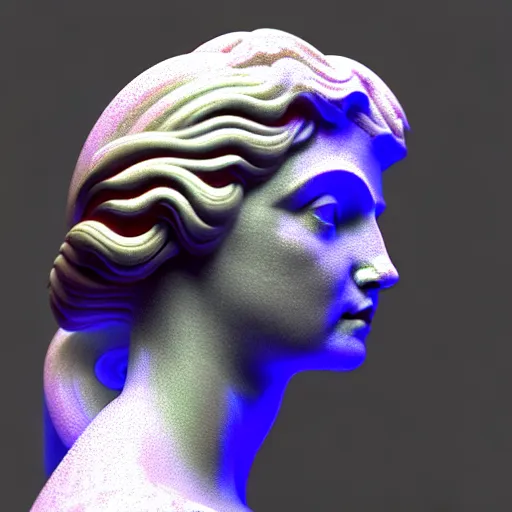Image similar to sci - fi cgartist wide shot anaglyph ambient occlusion rendering of a hyper realistic marble greek statuary regal goddess glowing with embedded leds head product photo high key colored lighting, trending on artstation volumetric lighting