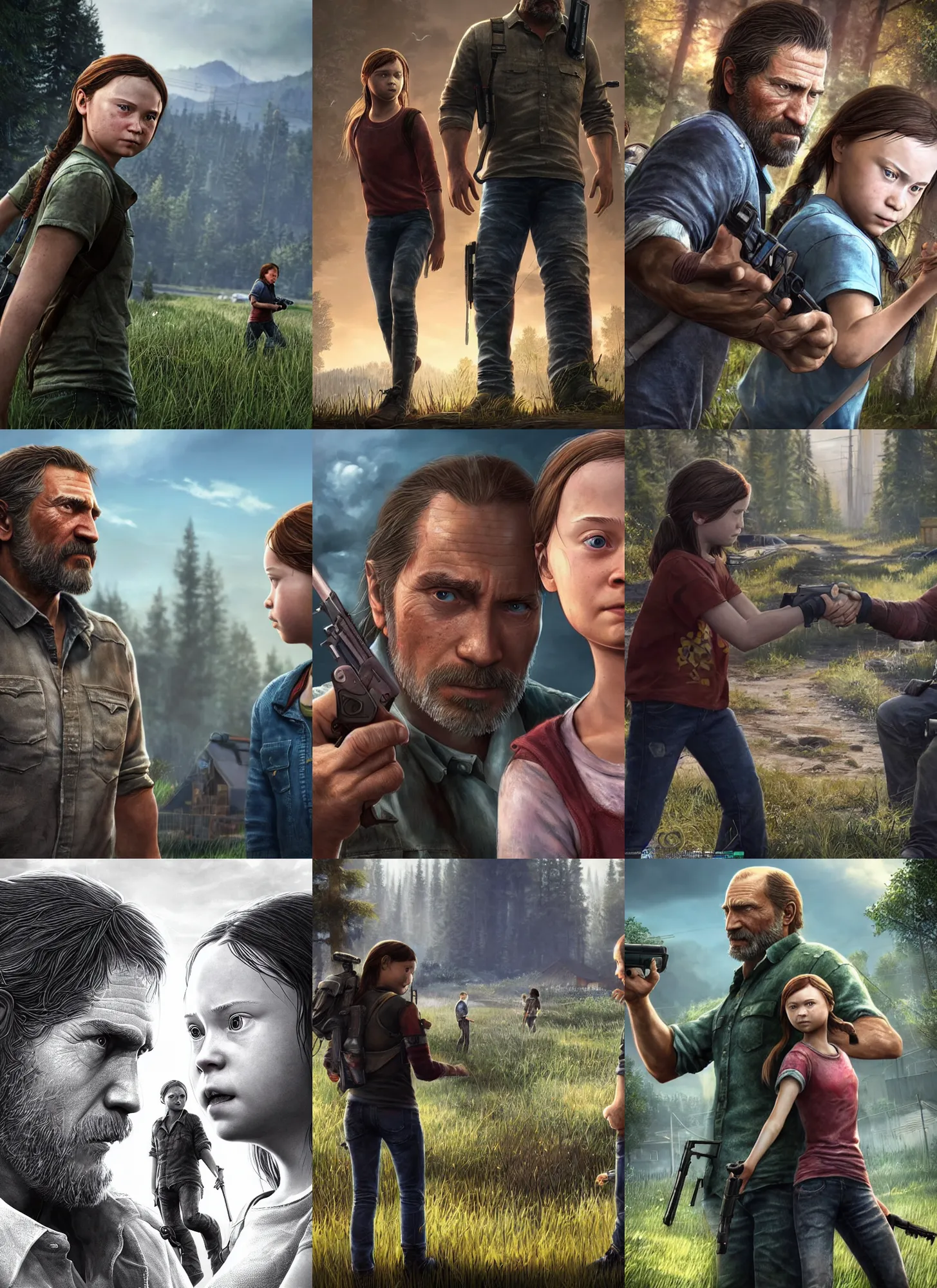 Prompt: ultrarealistic video game screenshot of real vladimir putin and real greta thunberg in the video game last of us, 8 k high quality art by artgerm alonzo mecha