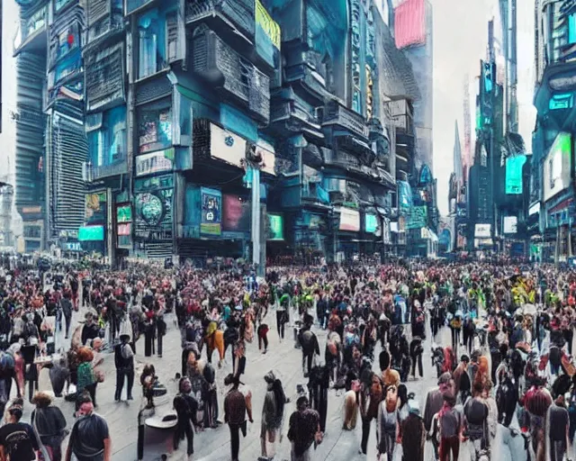 Image similar to a group of people standing in a busy cyberpunk city square, masterpiece!!