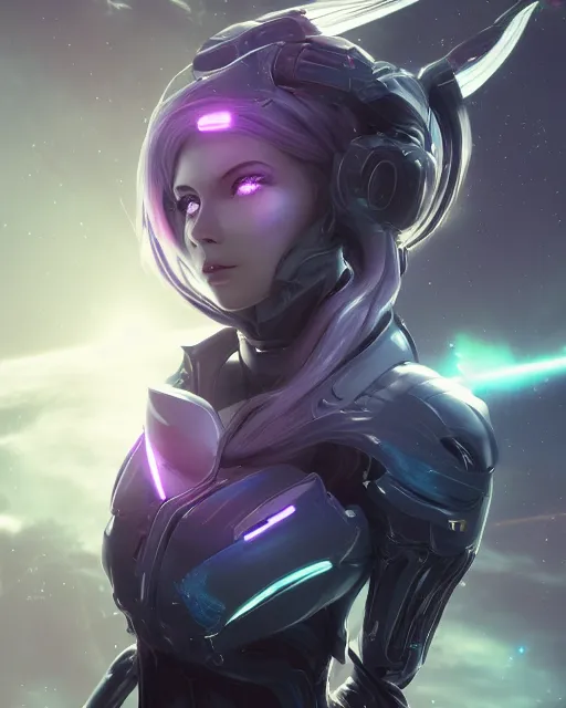 Image similar to perfect android girl on a mothership, warframe armor, beautiful face, scifi, futuristic, galaxy, nebula, raytracing, dreamy, long white hair, blue cyborg eyes, sharp focus, cinematic lighting, highly detailed, artstation, divine, by gauthier leblanc, kazuya takahashi, huifeng huang