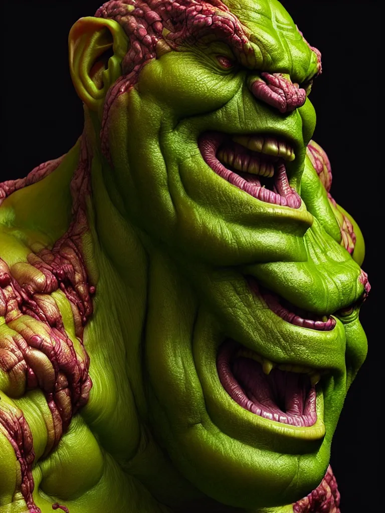 Image similar to hyperrealistic rendering, fat smooth cronenberg flesh monster hulk by donato giancola and greg rutkowski and wayne barlow and zdzisław beksinski, product photography, action figure, sofubi, studio lighting, colored gels, colored background