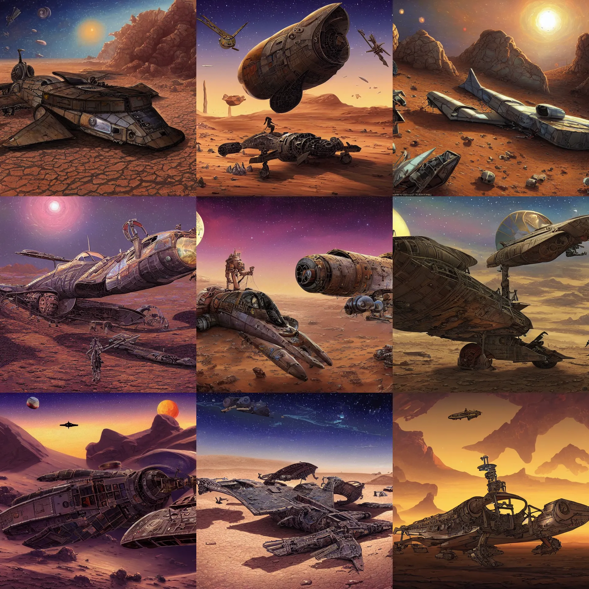 Prompt: in front of a crashed fighter spacecraft on a remote desert planet, from a space themed point and click 2 d graphic adventure game, art inspired by steampunk and thomas kinkade